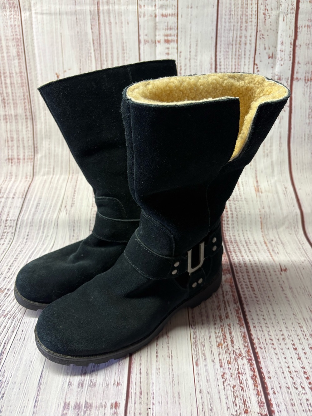Uggs Women’s Black Suede Winter Boots with Shearling Lining